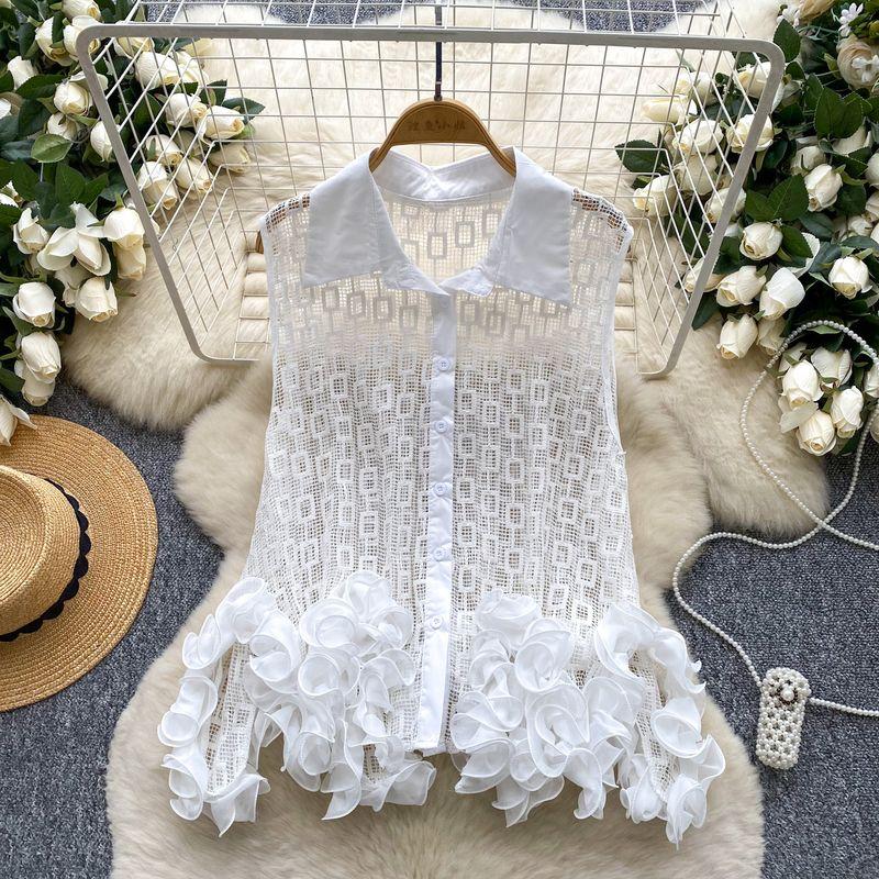 

Goods Fashionable Top Women s Summer Wear Design Sense Niche Heavy Industry Irregular Three-Dimensional Lace Hollow out Sleeveless Shirts Women White One size