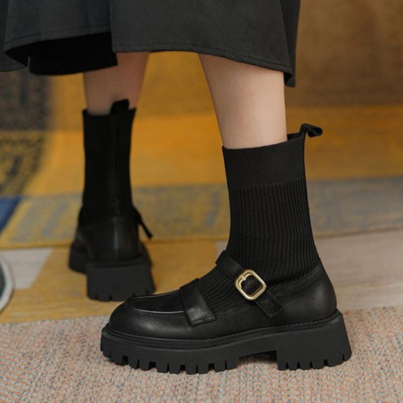 Современные ботинки женские модные дизайнерские трикотажные ботильоны на толстой платформе женские удобные офисные туфли обувь 35 чёрный 2309₽