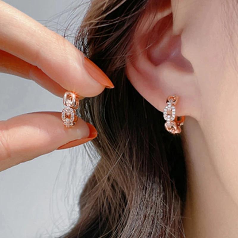 Chic Unique Chain Link Designed Female Hoop Earrings Shiny CZ Rose Gold Color Earrings Trendy Dainty Engagement Jewelry