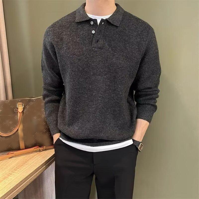 Men's Knit Sweater Autumn Winter Pullover Korean Soft Heavyweight Knit Polo Sweaters Minimalist Long Sleeve Solid Casual Top