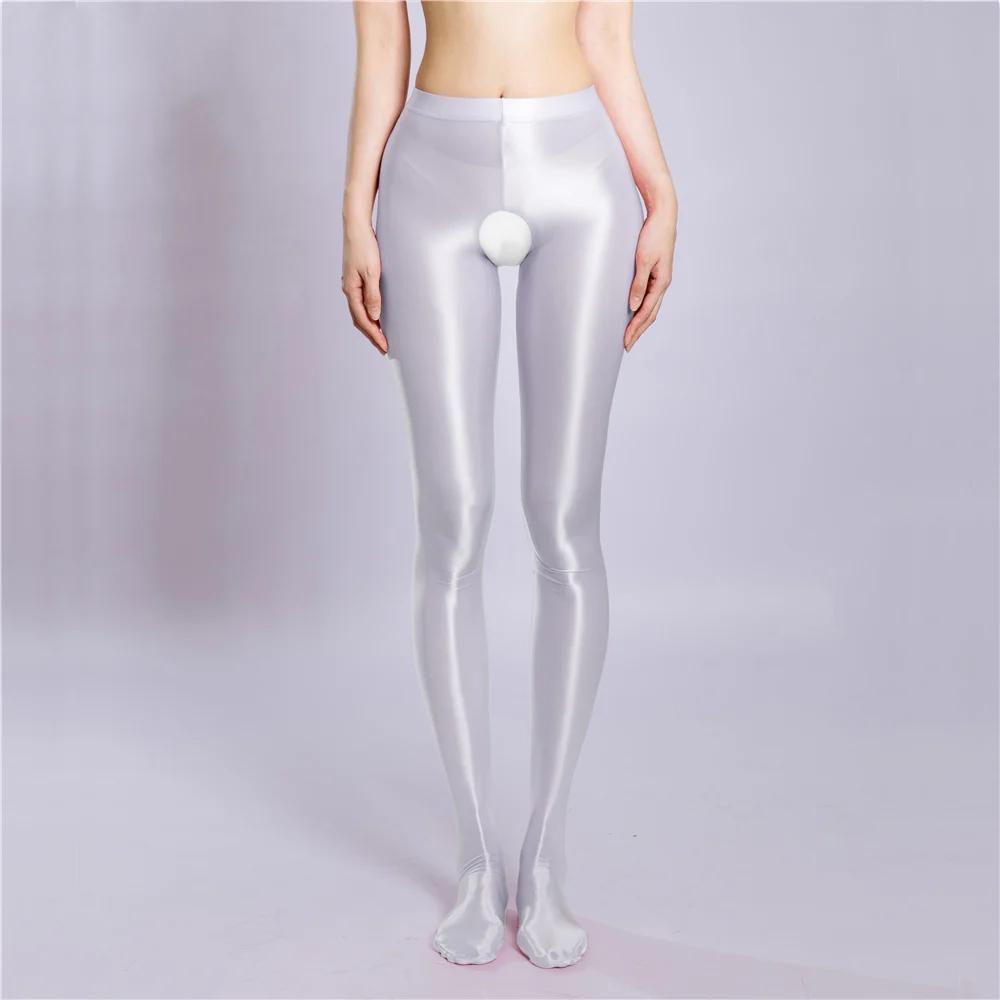 Sexy Women Crotchless Pencil Pants Elastic Glossy Shiny Slim Leg Yoga Shape Legging Tights Summer Ootd Fashion Party Dance