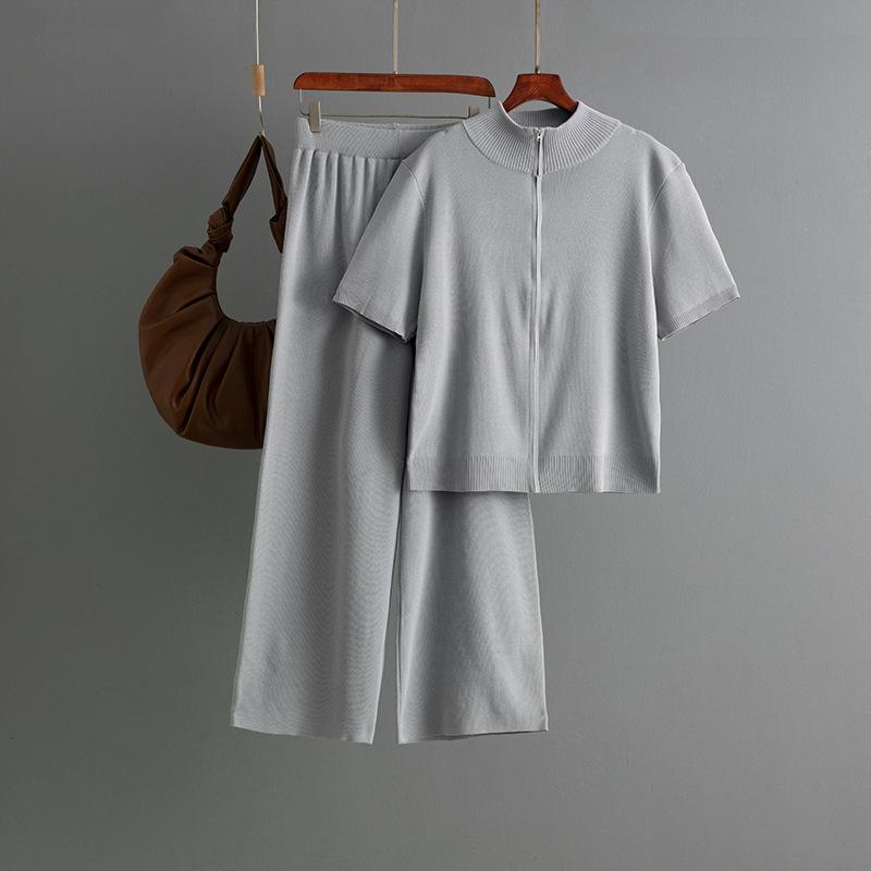 Fashionable Semi-high Neck Solid Color Short-sleeved Zipper Set, Wide-leg Pants Two-piece Set for Women