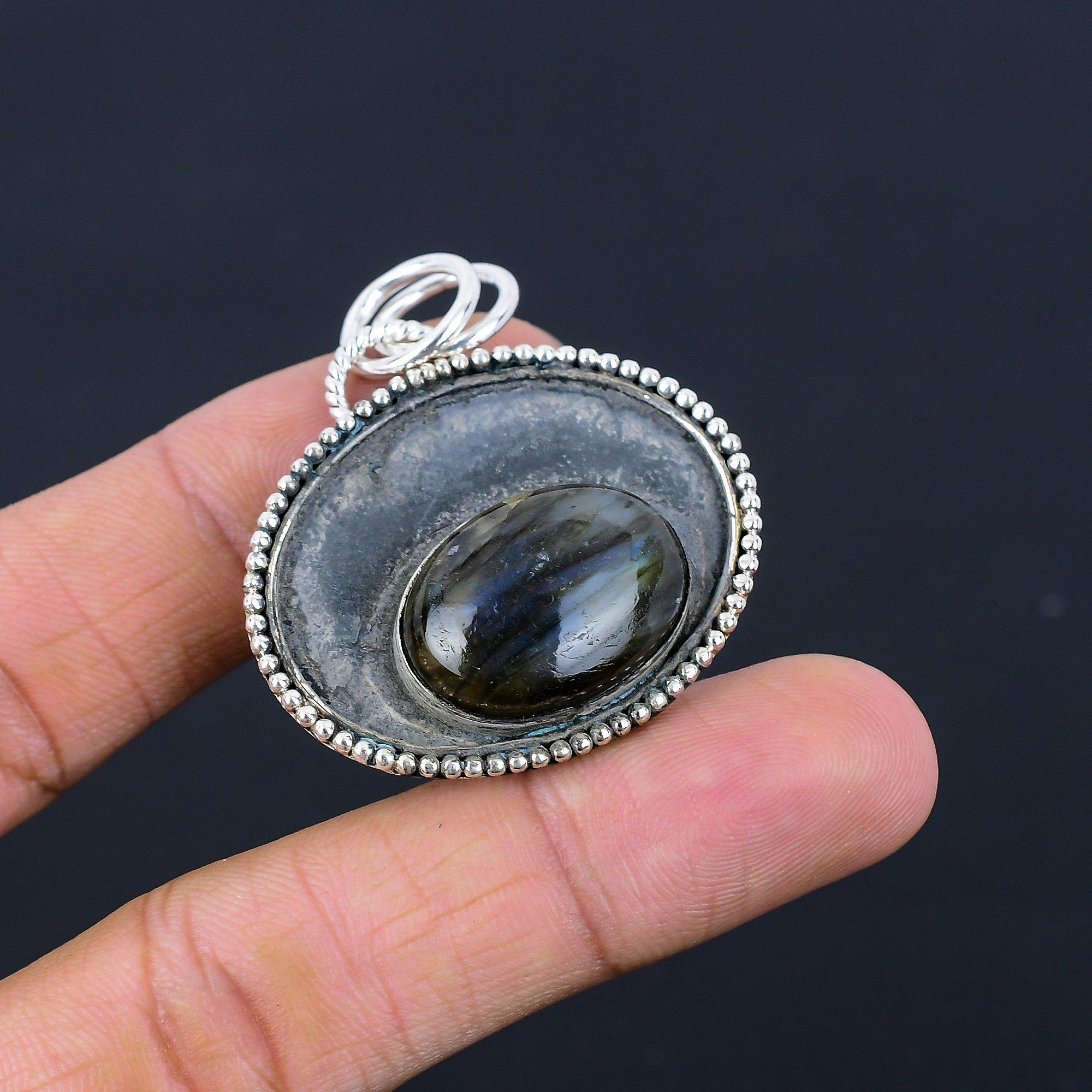 925 Sterling Silver Third Eye Chakra Oval Labradorite Stone Boho Pendant Jewelry