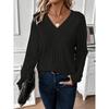 Fall Women V-Neck Long Sleeved Ribbed Striped Sweaters Solid Color Pit Vintage Ladies Knitwears Comfortable Woman Clothing