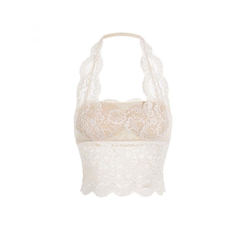 Women's Halter Neck Lace Camisole with Built-in Pads - Backless Underwear Base Layer Top