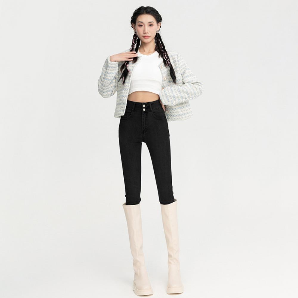 Double-buckle Elastic High-waisted Small-footed Jeans for Women's 2025 Autumn and Winter New Leggings, Pencil Jeans Look Thin