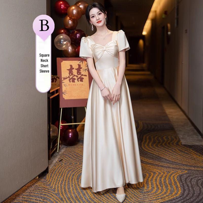 Champagne Satin Bridesmaid Dress - 2025 Autumn/Winter Collection, Versatile High-End Evening Gown for Women