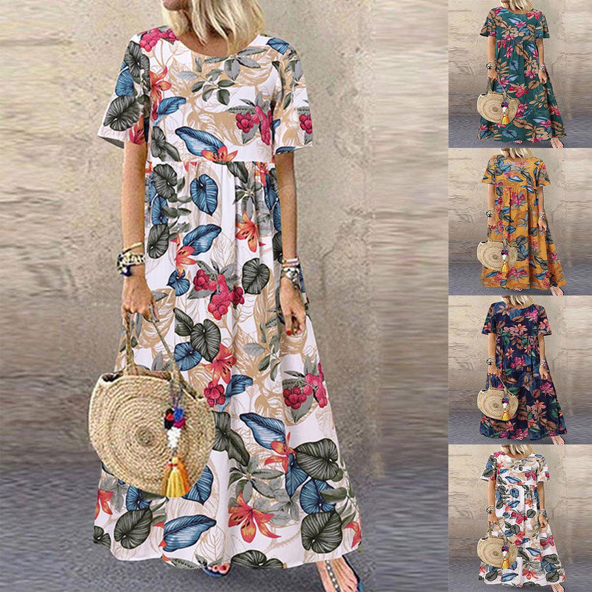 

Vintage Floral Print Casual Round Neck Short Sleeve Long Dress for Women 5XL зелений