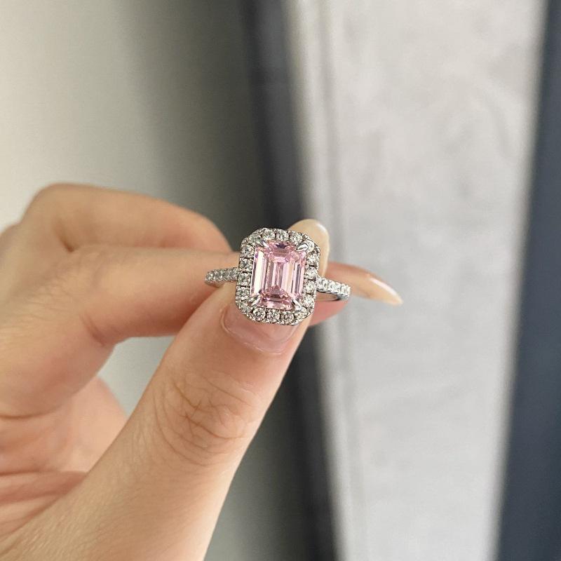 S925 Sterling Silver Pink Square Gemstone Ring for Women - 2 Carat with High-Carbon Cubic Zirconia.
