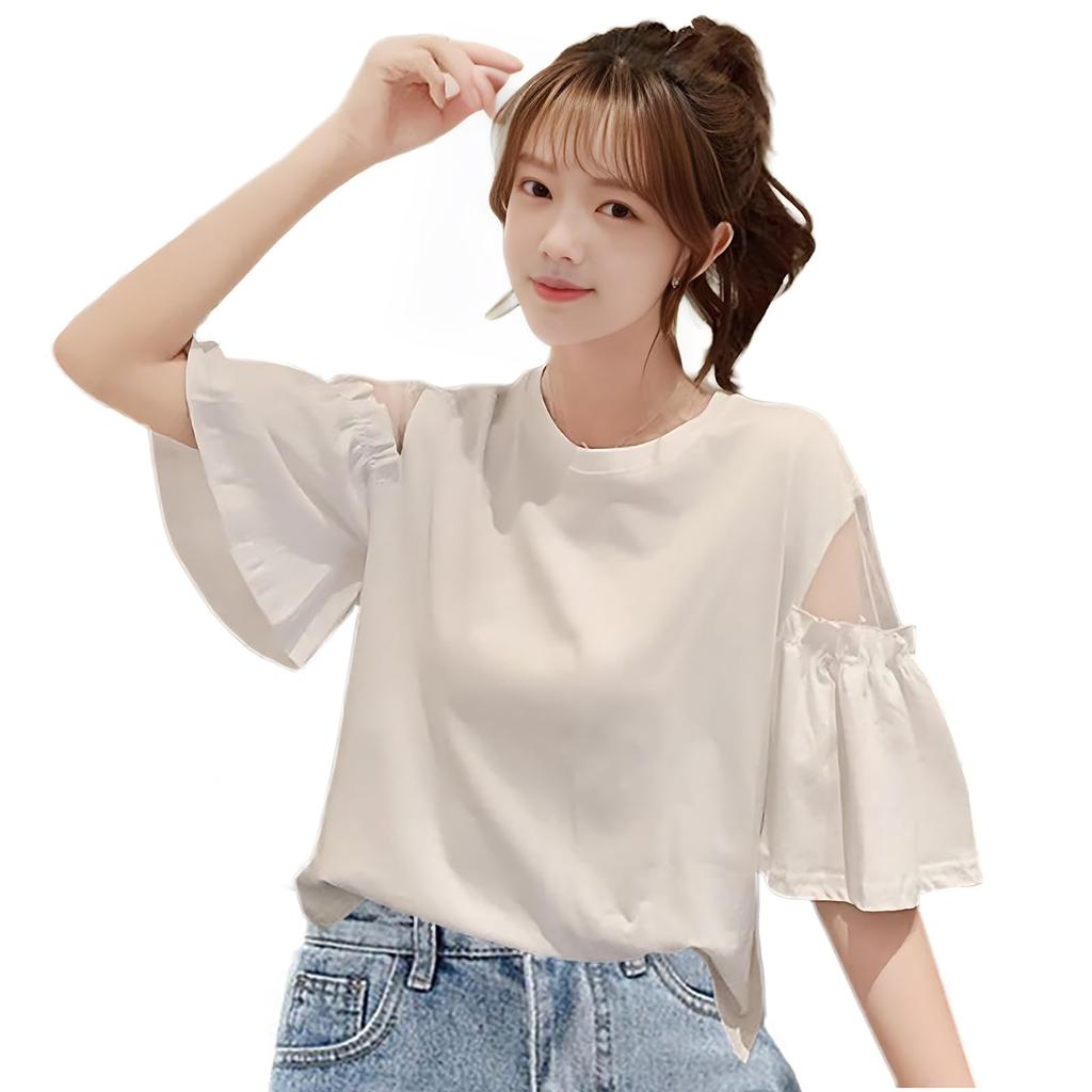Short Sleeve Ruffle Round Large Loose Business [xppe] Women's Tops, Spring/Summer Blouses, Women's Shirts, 5/8 Sleeves, Sleeves, Neck, Sizes, Fit,