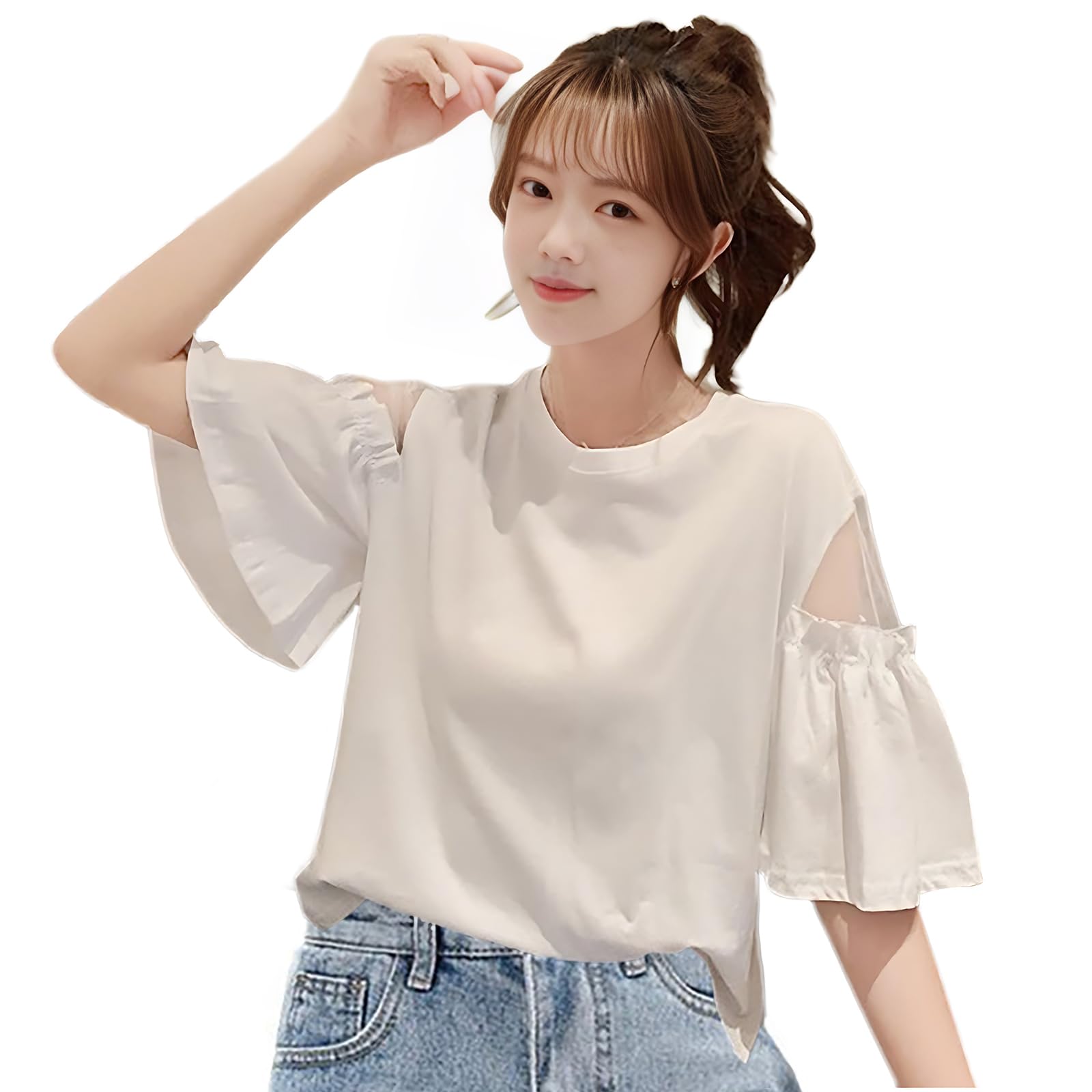 

Short Sleeve Ruffle Round Large Loose Business [xppe] Women s Tops, Spring/Summer Blouses, Women s Shirts, 5/8 Sleeves, Sleeves, Neck, Sizes, Fit, белый