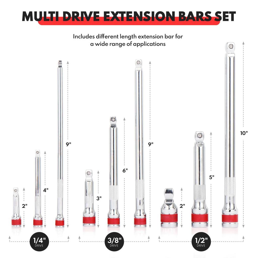 9Pcs Wobble Socket Extensions Set, Ratchet Extensions 1/4" 3/8" 1/2", Wobble Extensions, Drive Socket Extension Length Bar Set