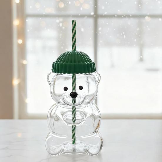 2 ks Kelímek ve tvaru medvídka s víčkem a brčkem Roztomilý nepropustný hrnek pro děti dospělé Plastový kelímek na studené nápoje na smoothie a ledovou kávu