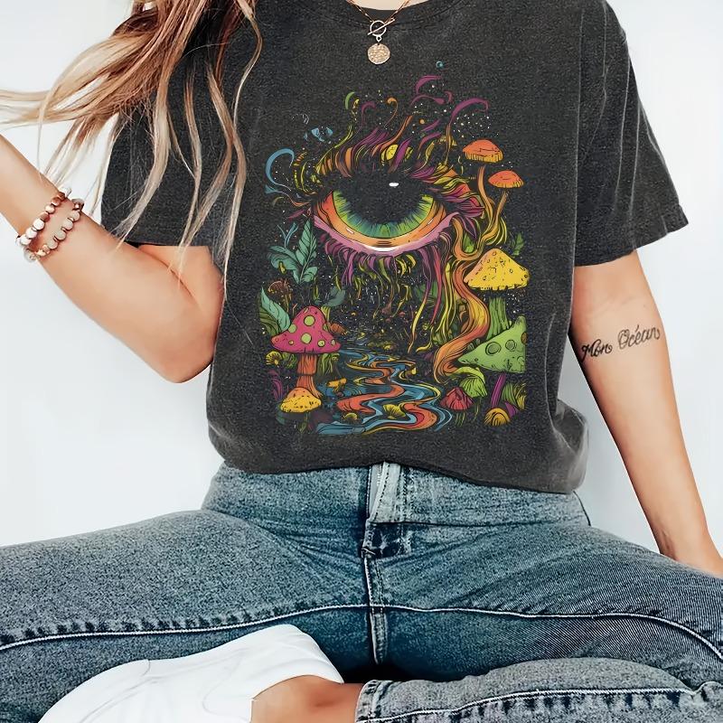 Mysterious Eye and Fantasy Mushroom Dream Pattern Tshirt Short Sleeve Casual Round Neck Top SpringSummer Womens Wear