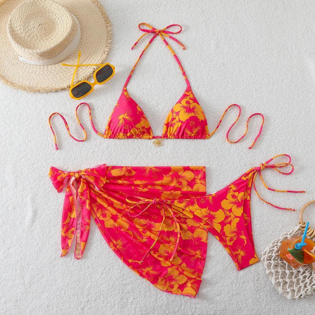 2026 Women's European & American High-Waisted Three-Piece Solid Color Swimsuit Bikini Set