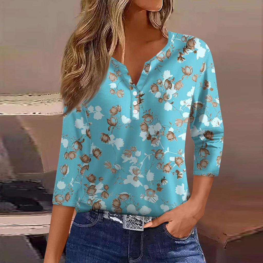 Women's T Shirt Tee Print Button 3/4 Sleeve Tunic Daily Weekend Fashion Basic V- Neck Regular Top