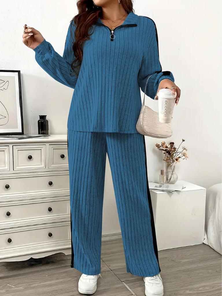 TUME Plus Size Ribbed Hoodie & Wide Leg Pants - Women's Autumn/Winter Casual Fashion Two-Piece Set