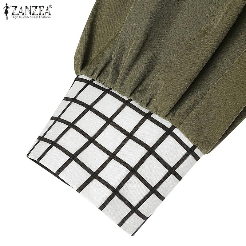 ZANZEA Women Casual Round Neck Plaid Print Patchwork Long Sleeve Blouse