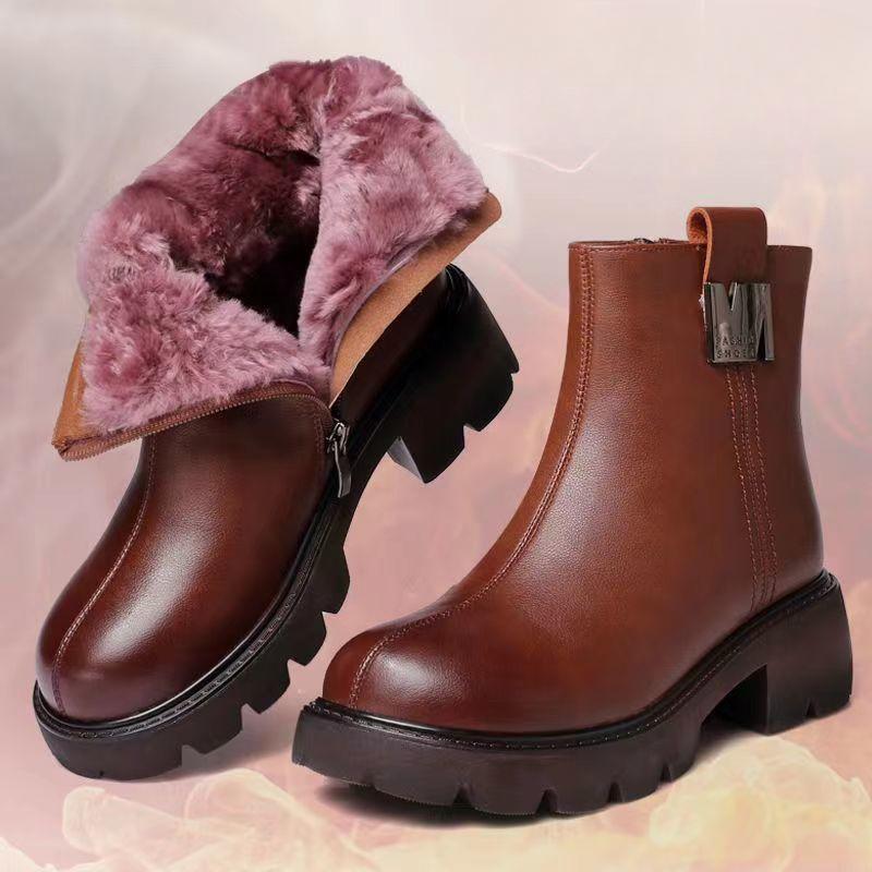 Winter Women Shoes Round Toe Chunky Heel Boots  Leather Shoes for Women Warm Wool Snow Boots Zipper Platform Shoes Wome