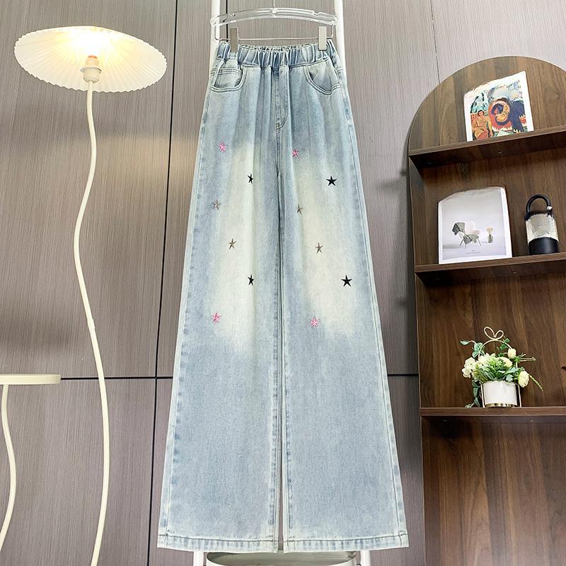Dimanaf 2025 Plus Size Autumn Blue Basic Elastic Jeans New Pants Embroidery Women Loose Denim Trousers Big Casual Pants 6XL