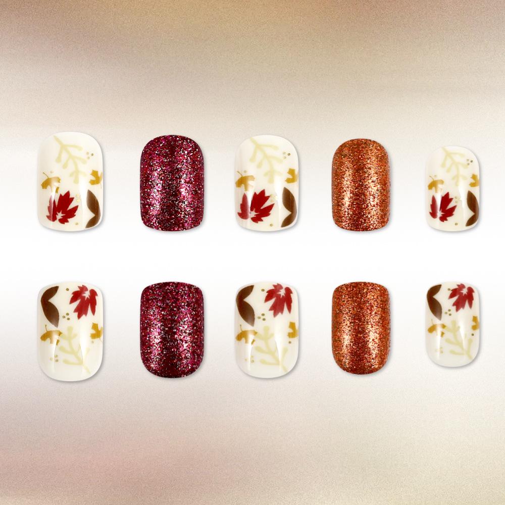 Maple Leaf Warm Tone Wearable Square Nails - 24 PCS Removable Nail Art Set