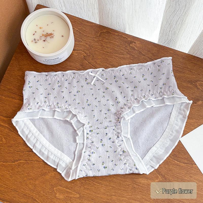 Japanese Floral Print Women's Mid-Waist Purple Cotton Triangle Underwear