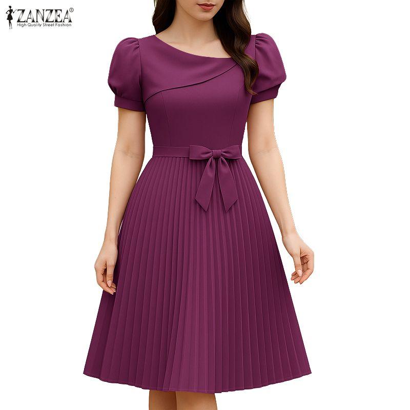 ZANZEA Women Casual Square Collar Summer Short Sleeve Pleated Dress