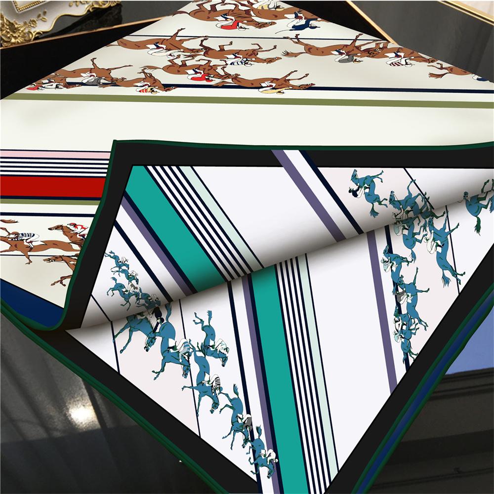 POBING Manual Hand Rolled Twill Silk Scarf Women Horse Double Print Square Scarves Wraps Echarpes Foulards Femme Hijab 90CM