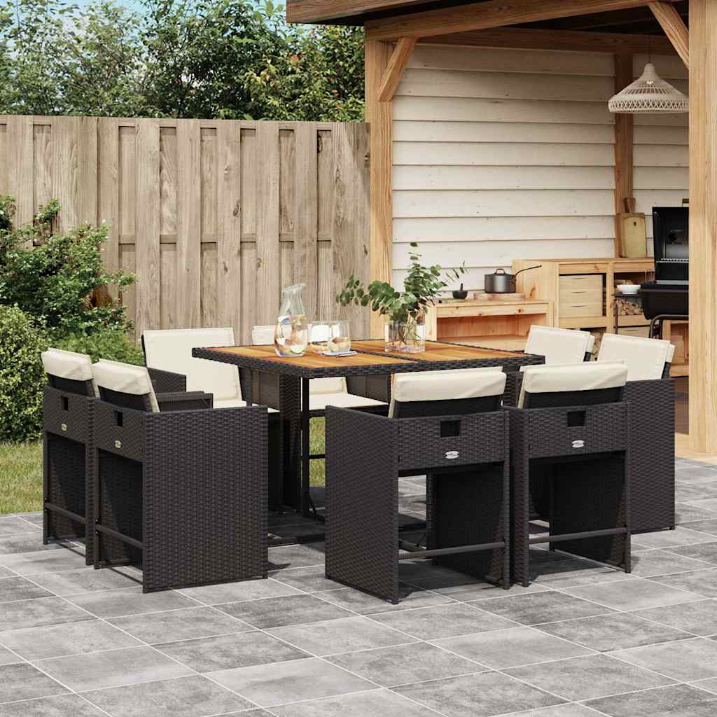 9 piece outdoor dining set with cushions black poly rattan