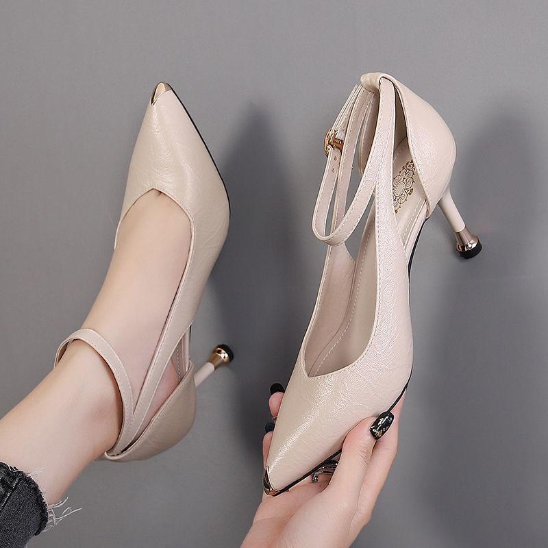 2024 Women's Pointed Toe Comfortable Slip-on Shallow Mouth Solid Color Elegant Buckle High Heel Slippers