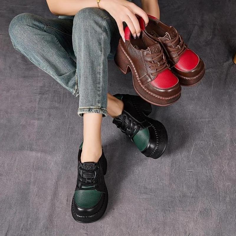 Fashion New Retro 7cm High Heels Women Shoes Flat Platform Thick Heels Shoes Mixed Colors Genuine Leather 2025 Luxury Lace Up Shoes