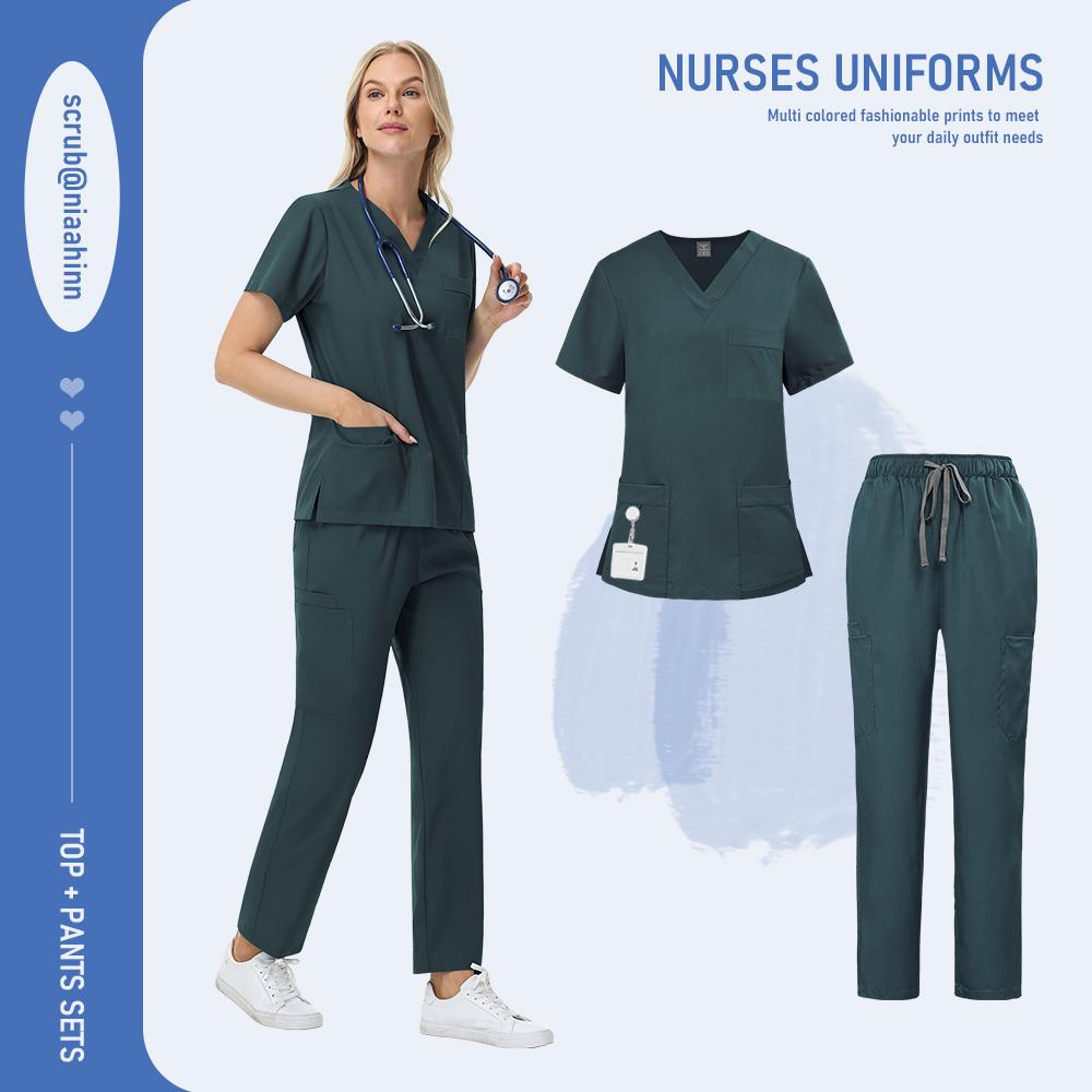 Nursing Surgical Uniforms Woman V-Neck Short Sleeved Uniform Scrub Sets Wholesale Lab Beauty Salon Workwear Pet Doctor Nurse Set