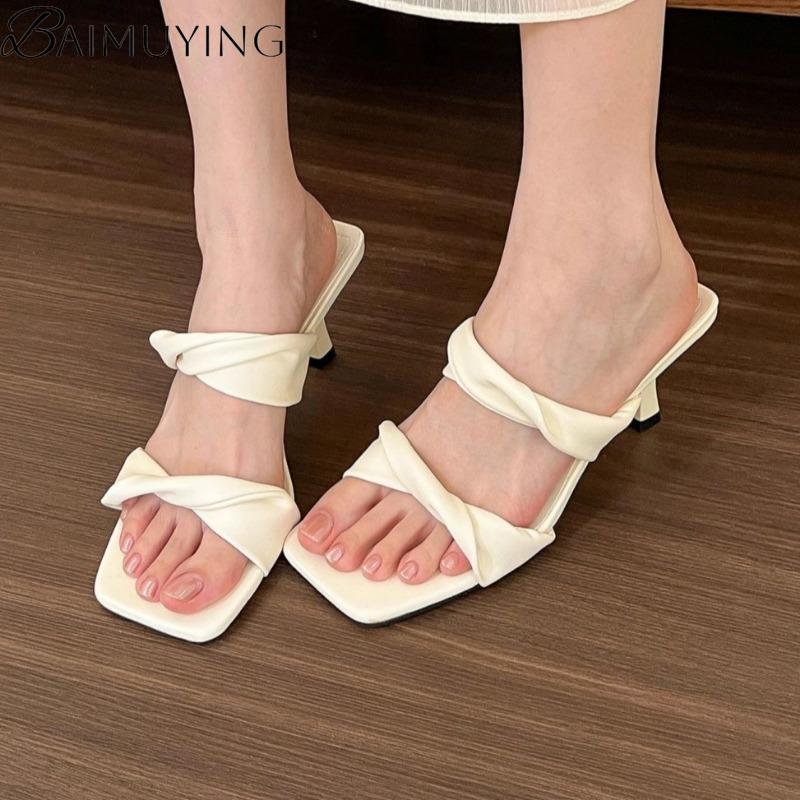 Fashion Square Toe Slippers Women Sandals High Heels Shoes Loafers 2025 Trend Summer Shallow Dress Pumps Flip Flops Sandalias De Mujer