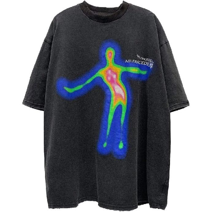Aelfric Eden Mens Oversized T Shirts Tees Distorted Portrait Print Crew Neck Cotton Tops Streetwear Casual Shirt
