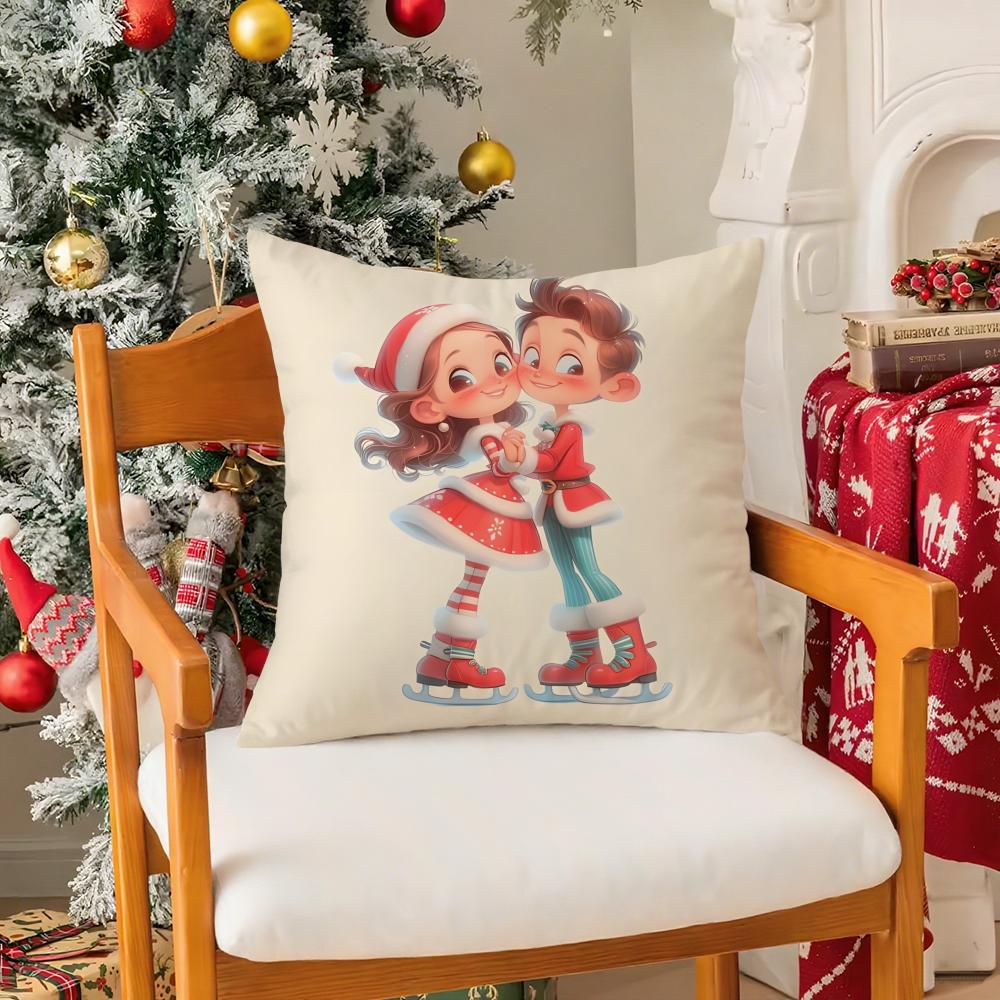 

Christmas Home Decor Illustrations For Couples Pillow Case Silky Short Plush With Invisible Zipper Dustproof Sofa Cushion Cover 12x12Inch
