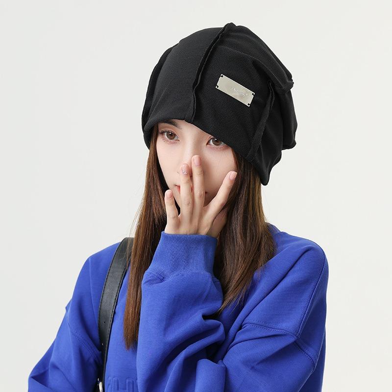 Pure cotton metal knitted stacking hat women's autumn and winter big head circumference showing face small fashion street pullover hat