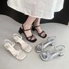 Silver Word with Thick Heel Sandals Women's New Summer Skirt Temperament Rhinestone High Heel Beach Shoes