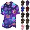 Unisex Loose Fit Casual Short Sleeve Polo Shirt with Halloween Themed Print and Button Down Collar for Everyday Wear