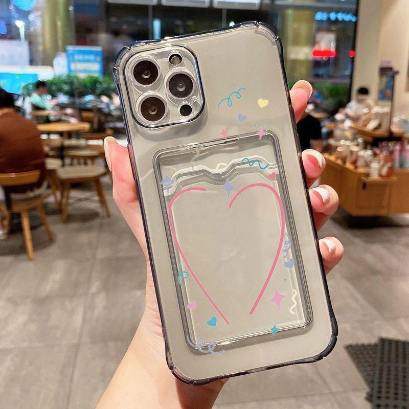 Card Bag Holder Clear Case For iPhone 16 15 14 13 12 11 Pro Max With Love Heart Pattern Cover For iPhone XS Max XR 7 8 Plus Case