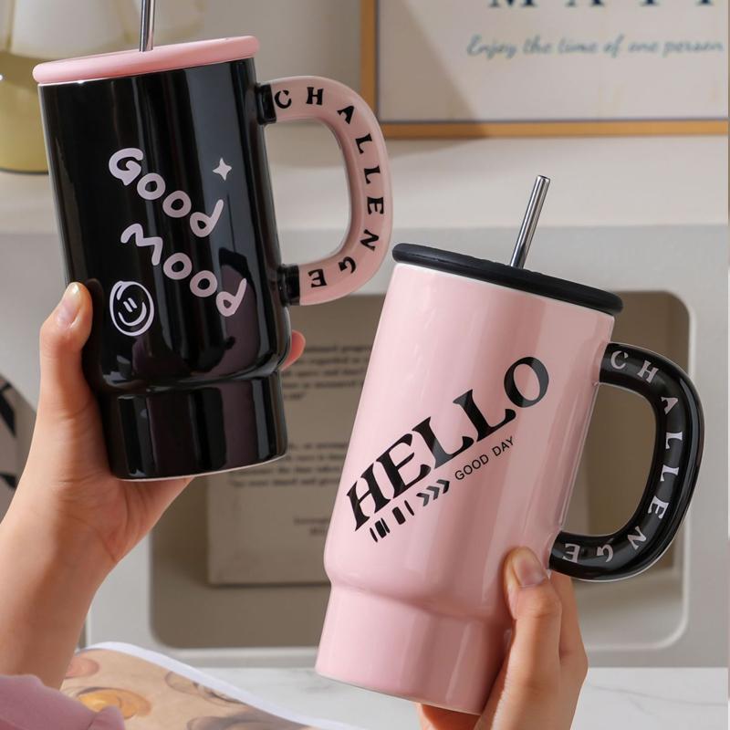 800ml Ceramic Travel Coffeel Mug With Lid And Straw Mug With Handle Creative Large Capacity Portable Water Cup
