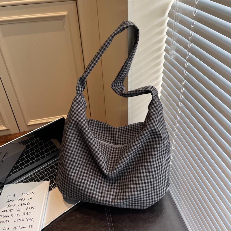 Women s Versatile Plaid Canvas Tote Bag - Retro Casual Shoulder & Underarm Style for Commute & Shopping чёрный