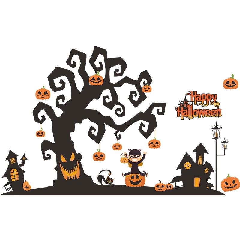 Halloween Cartoon Devil Tree Window Stickers Removable Self-adhesive Decor for Home Party Shopwindow Jack O'lantern PVC Stickers