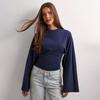 Y25TP201 European and American Women's Solid Color Round Neck, Wide Sleeve, Cinched Waist Sexy Long Sleeve Top