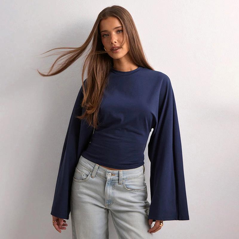Y25TP201 European and American Women's Solid Color Round Neck, Wide Sleeve, Cinched Waist Sexy Long Sleeve Top