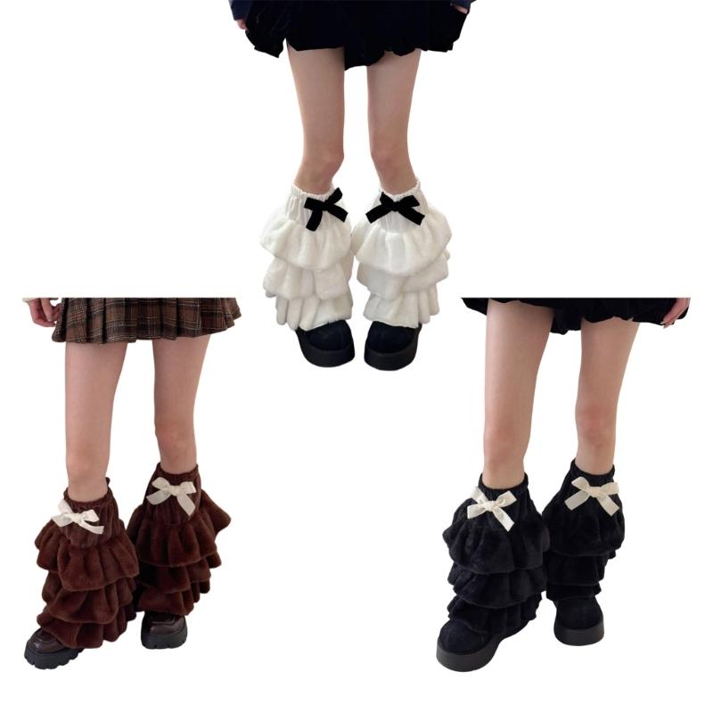 Women Plush Tiered Ruffle Leg Warmers with Bowknot Fuzzy Winter Boot Cuffs Thick Warm Furry Foot Covers Footless Socks