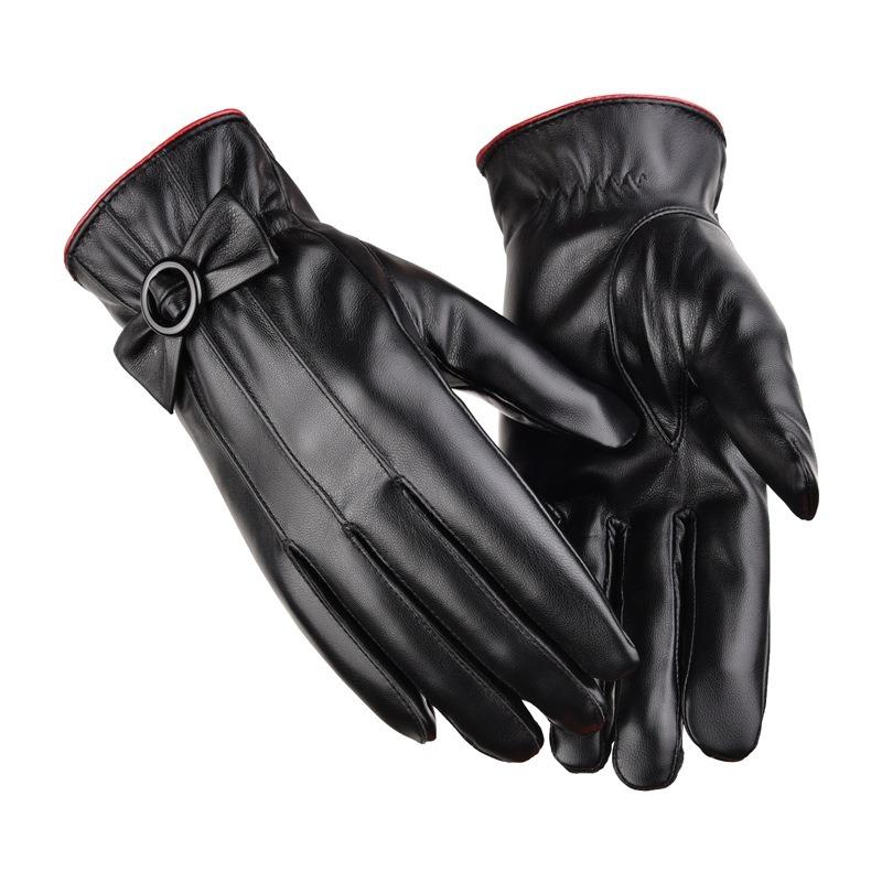 Women's warm leather gloves new winter gloves bow fleece thickened cold-proof cycling touch screen gloves