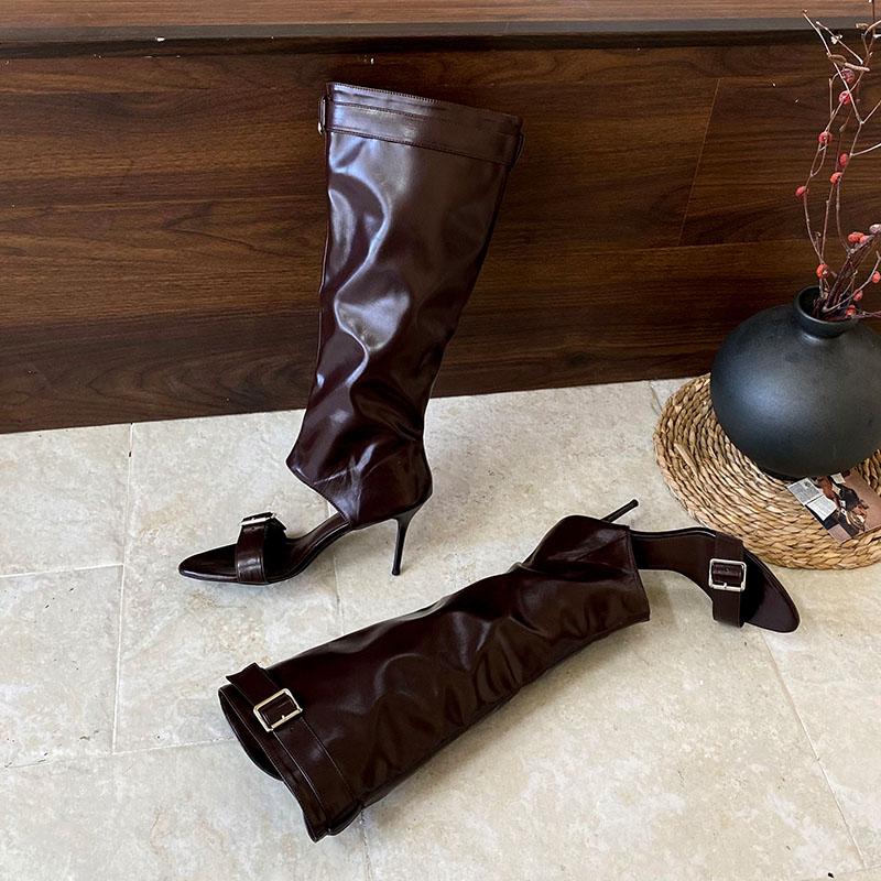 Fashion Female Open Toe Footwear Round Toe Women Knee High Boots Shoes With Thin Heels Fashion Buckle Ladies Heeled Sandals Boots Shoes
