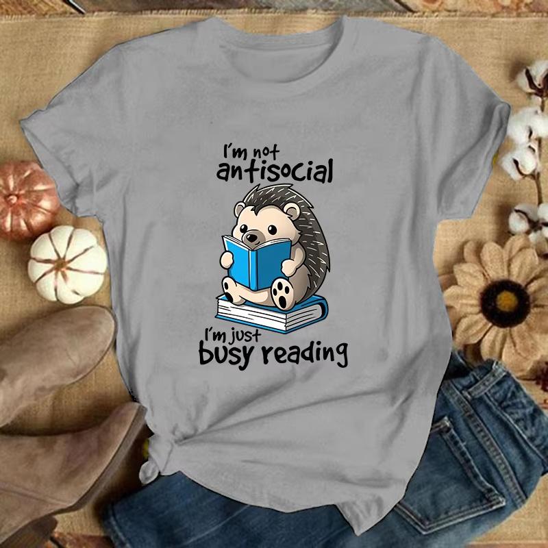 Premium TshirtHedgehog IM Not Antisocial IM Just Busy Reading Print TShirts For Women Summer Short Sleeve Round Neck
