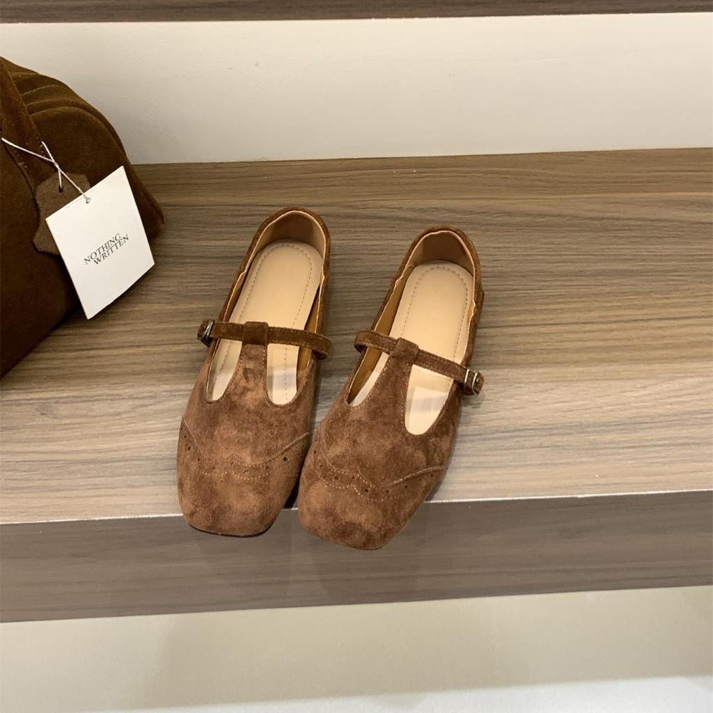 Retro suede Mary Jane single shoes women's shoes 2025 new autumn French versatile flat black small leather shoes