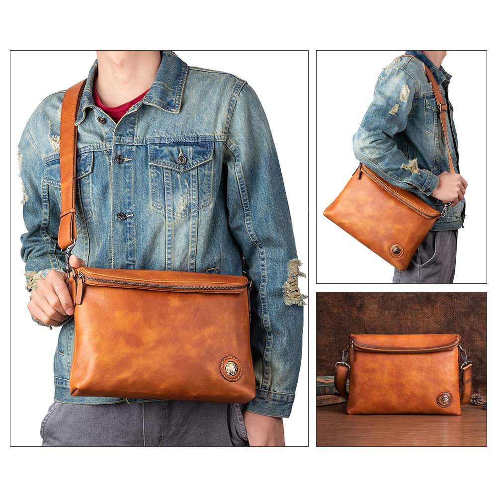 Whatna Antique-Style Tanned Natural Cowhide Leather Shoulder Bag for Men, Messenger Bag, Small Business Bag with 2 Pen Holders, Fits A4 Sizes and